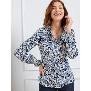 Talbots Paisley Ruffle Blouse Cotton White Blue Button Front Long Sleeve Size L